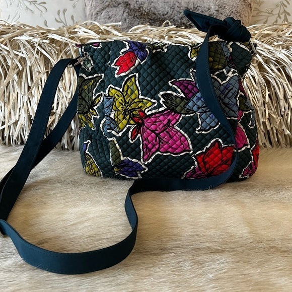 VERA BRADLEY Falling Flowers HADLEY Bag Crossbody Satchel Tech Green Pink 2017 - Picture 7 of 14